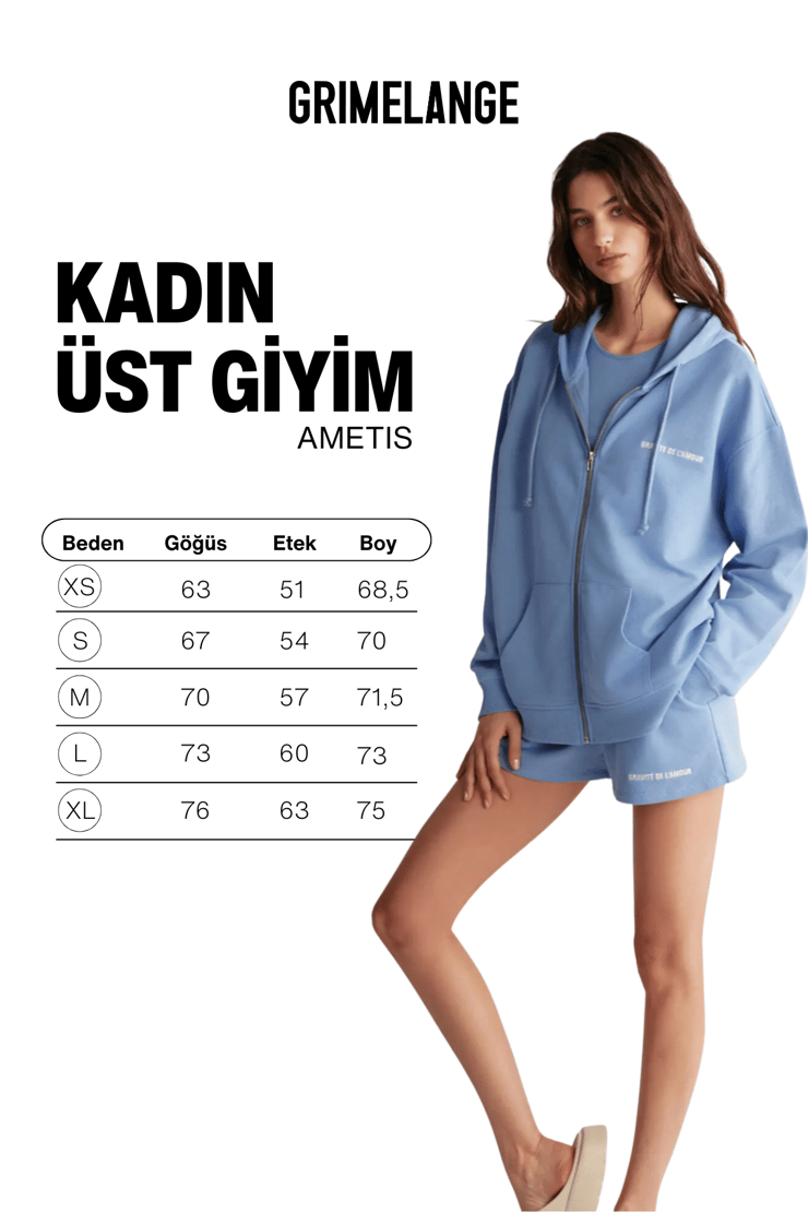 AMETIS Kadın İçi Polarlı Nakış Yazı Detaylı Organik Pamuk Oversize Kapüşonlu Mavi Sweatshirt