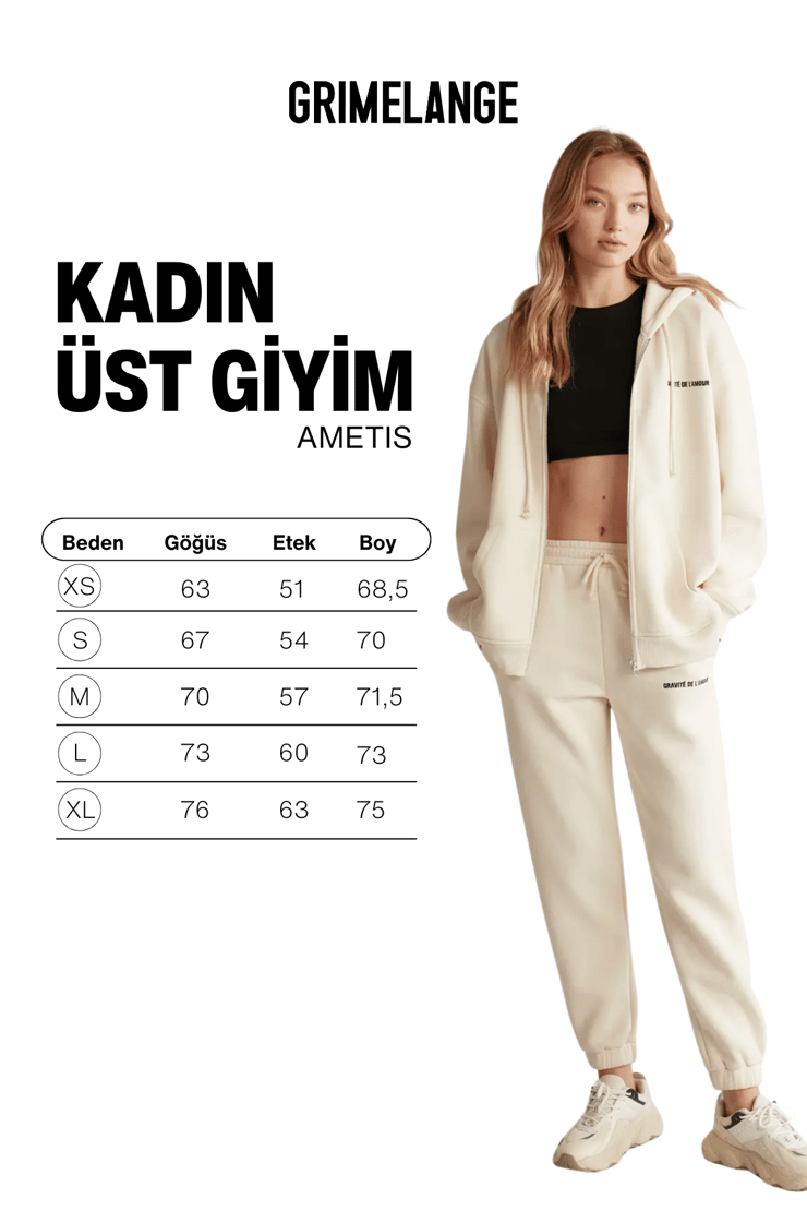 AMETIS Kadın İçi Polarlı Nakış Yazı Detaylı Organik Pamuk Oversize Kapüşonlu Vanilya Sweatshirt