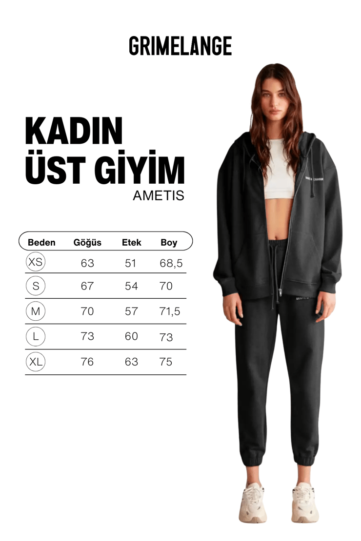 AMETIS Kadın İçi Polarlı Nakış Yazı Detaylı Organik Pamuk Oversize Kapüşonlu Siyah Sweatshirt