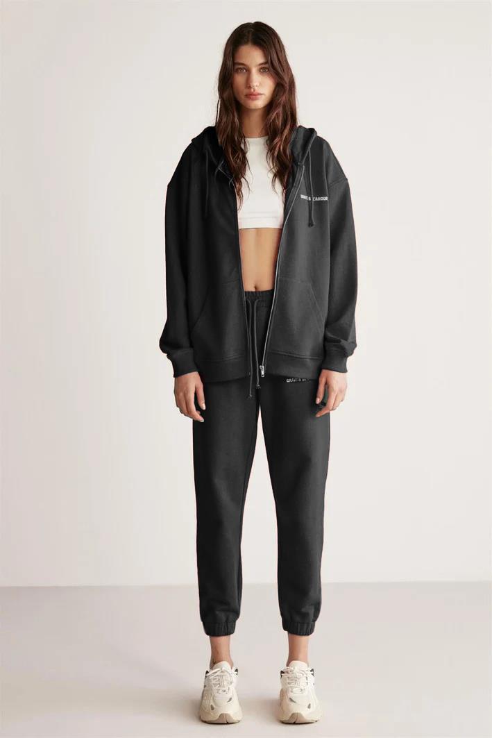 AMETIS Kadın İçi Polarlı Nakış Yazı Detaylı Organik Pamuk Oversize Kapüşonlu Siyah Sweatshirt