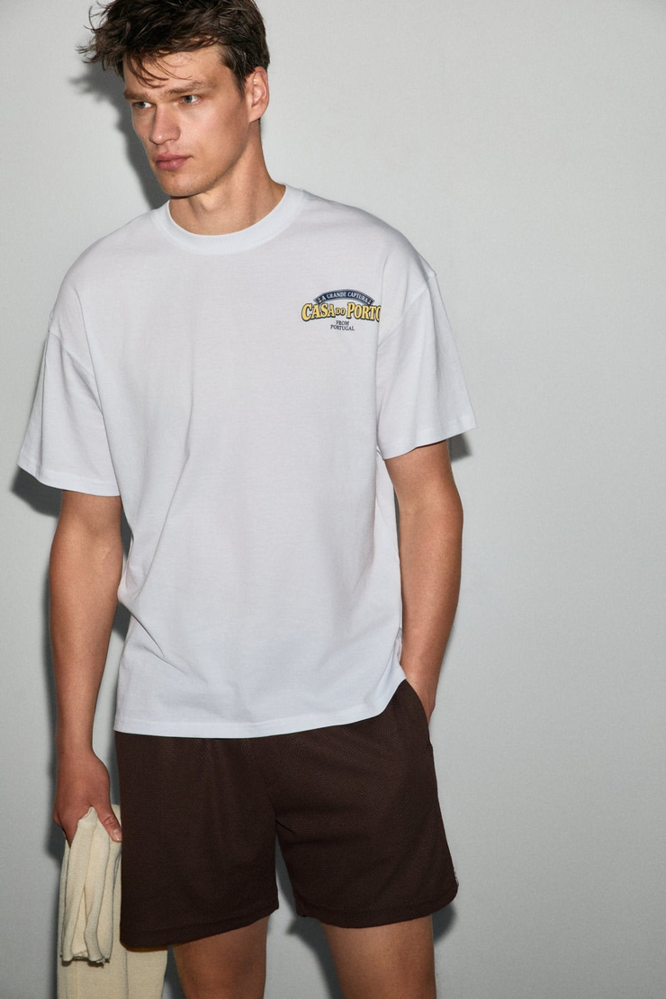 AMIDIO Erkek %100 Organik Pamuklu Baskı Detaylı Regular Fit Yuvarlak Yaka Beyaz T-Shirt
