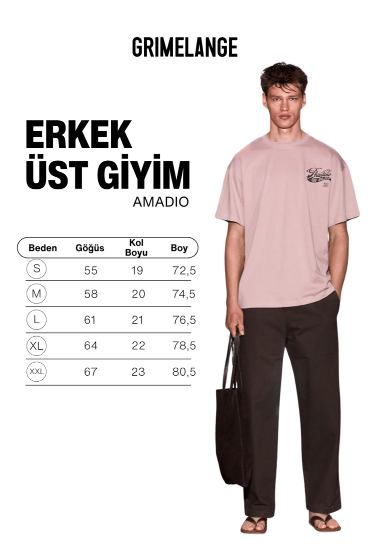 AMIDIO Erkek %100 Organik Pamuklu Baskı Detaylı Regular Fit Yuvarlak Yaka Pudra T-Shirt
