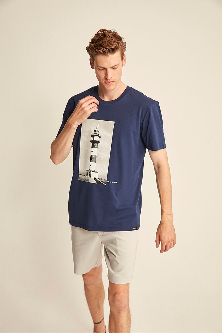 AMIR Erkek Lacivert Baskılı Yuvarlak Yaka Comfort Fit T-Shirt