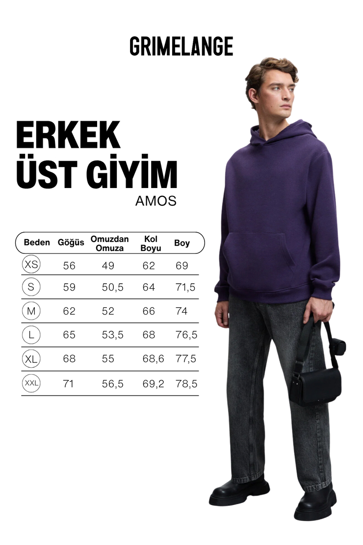 AMOS Erkek Yumuşak Kumaşlı 3 İplik Oversize Kapüşonlu Kanguru Cepli Mor Sweatshirt
