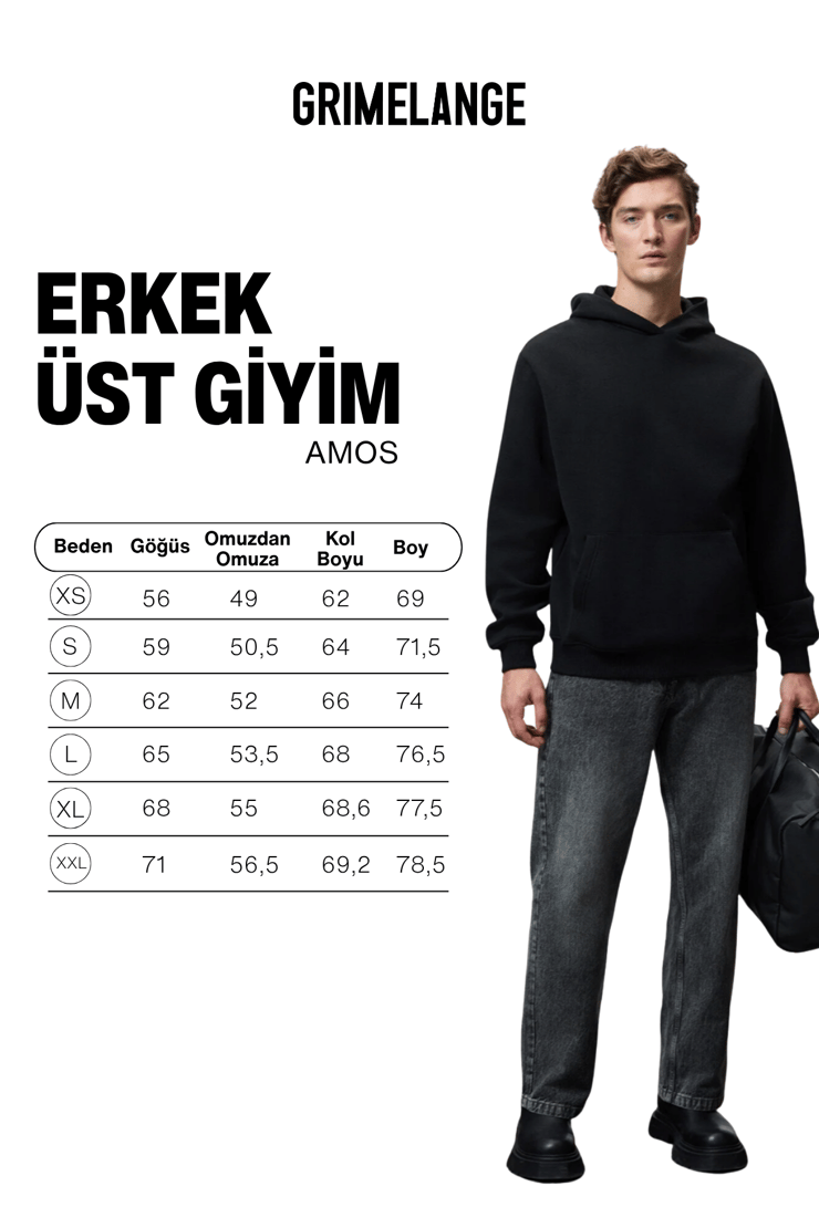 AMOS Erkek Yumuşak Kumaşlı 3 İplik Oversize Kapüşonlu Kanguru Cepli Siyah Sweatshirt