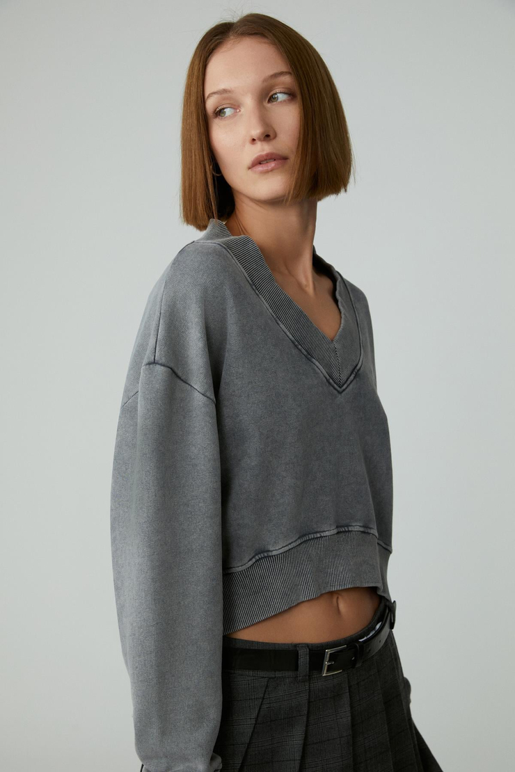 ANDREITA Kadın V Yakalı Asimetrik Oversize Açık Gri Sweatshirt