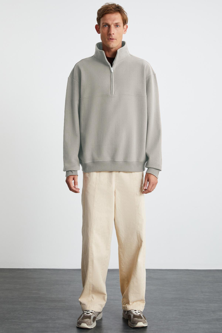 ANDRICK Erkek Organik Pamuklu Dik Yaka Yarım Fermuarlı Bej Sweatshirt
