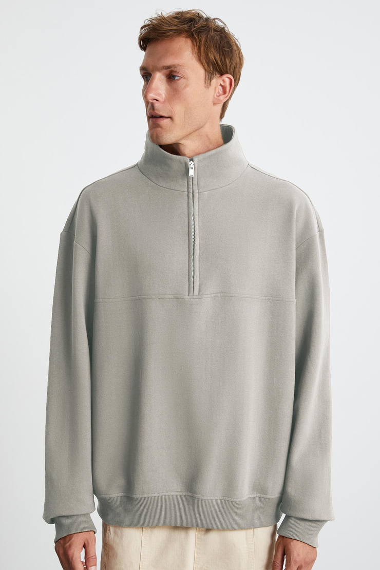 ANDRICK Erkek Organik Pamuklu Dik Yaka Yarım Fermuarlı Bej Sweatshirt