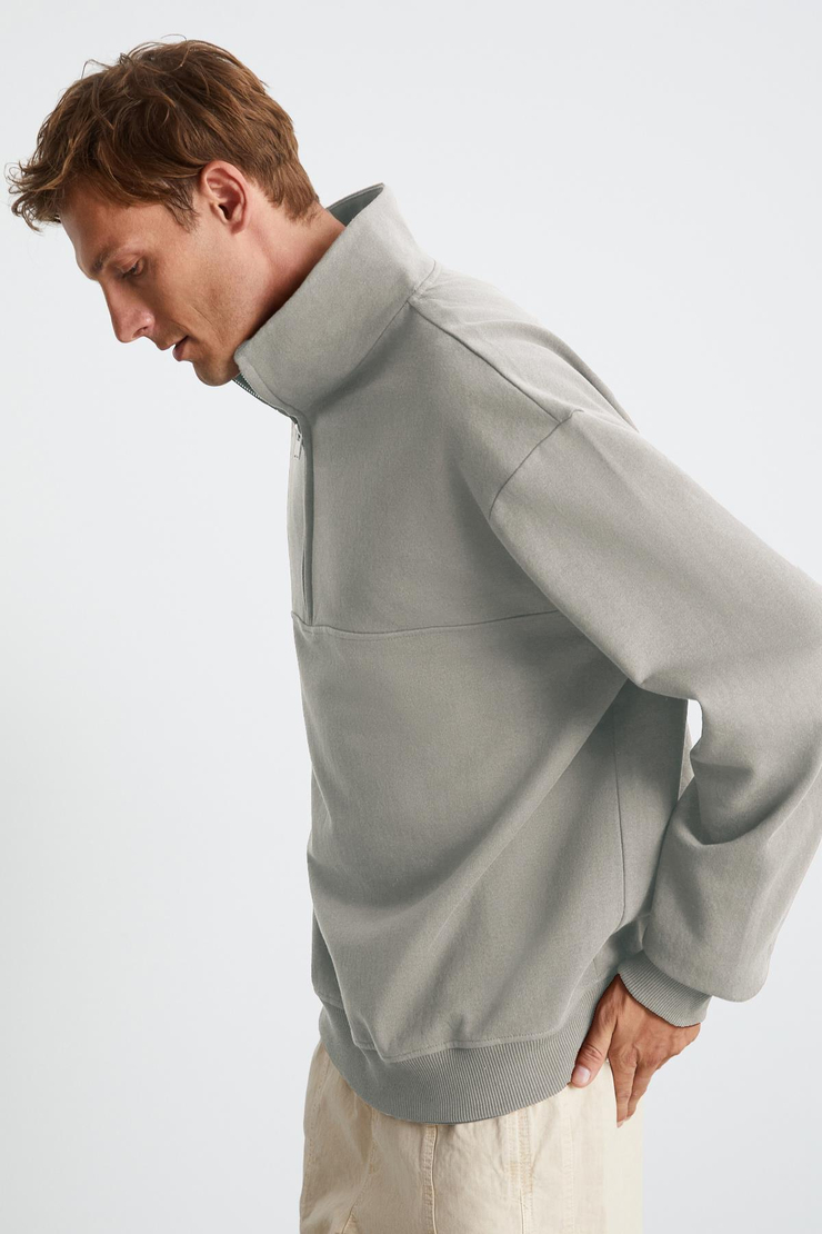 ANDRICK Erkek Organik Pamuklu Dik Yaka Yarım Fermuarlı Bej Sweatshirt