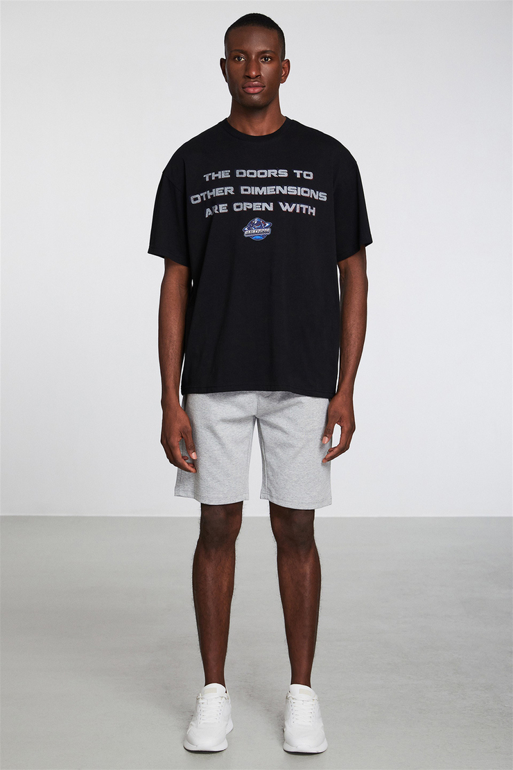 ANDROMEDA GALAKTICOS Erkek Siyah Baskılı Yuvarlak Yaka Oversize T-Shirt