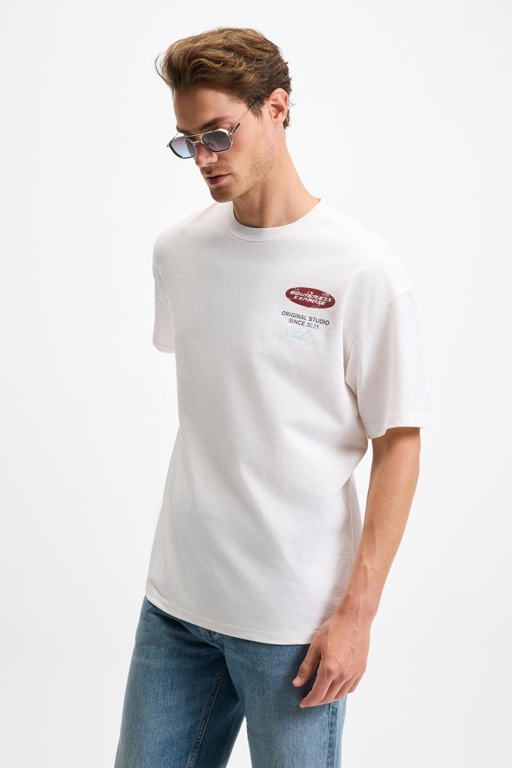 ANGOLO Erkek Ön Baskı Ve Nakış Detaylı Bisiklet Yaka Oversize Kısa Kollu Beyaz T-Shirt