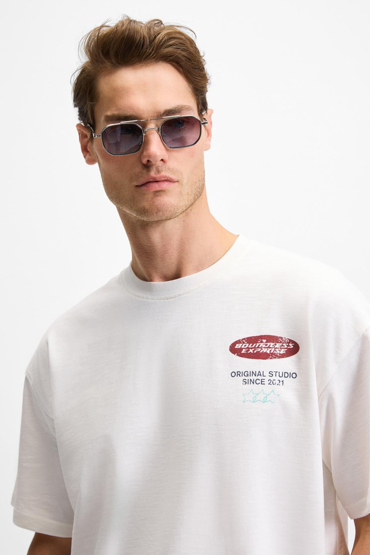 ANGOLO Erkek Ön Baskı Ve Nakış Detaylı Bisiklet Yaka Oversize Kısa Kollu Beyaz T-Shirt