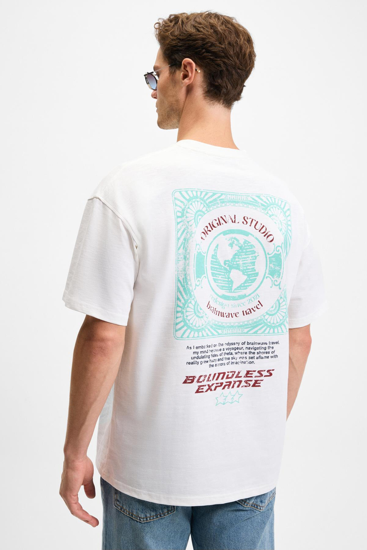 ANGOLO Erkek Ön Baskı Ve Nakış Detaylı Bisiklet Yaka Oversize Kısa Kollu Beyaz T-Shirt