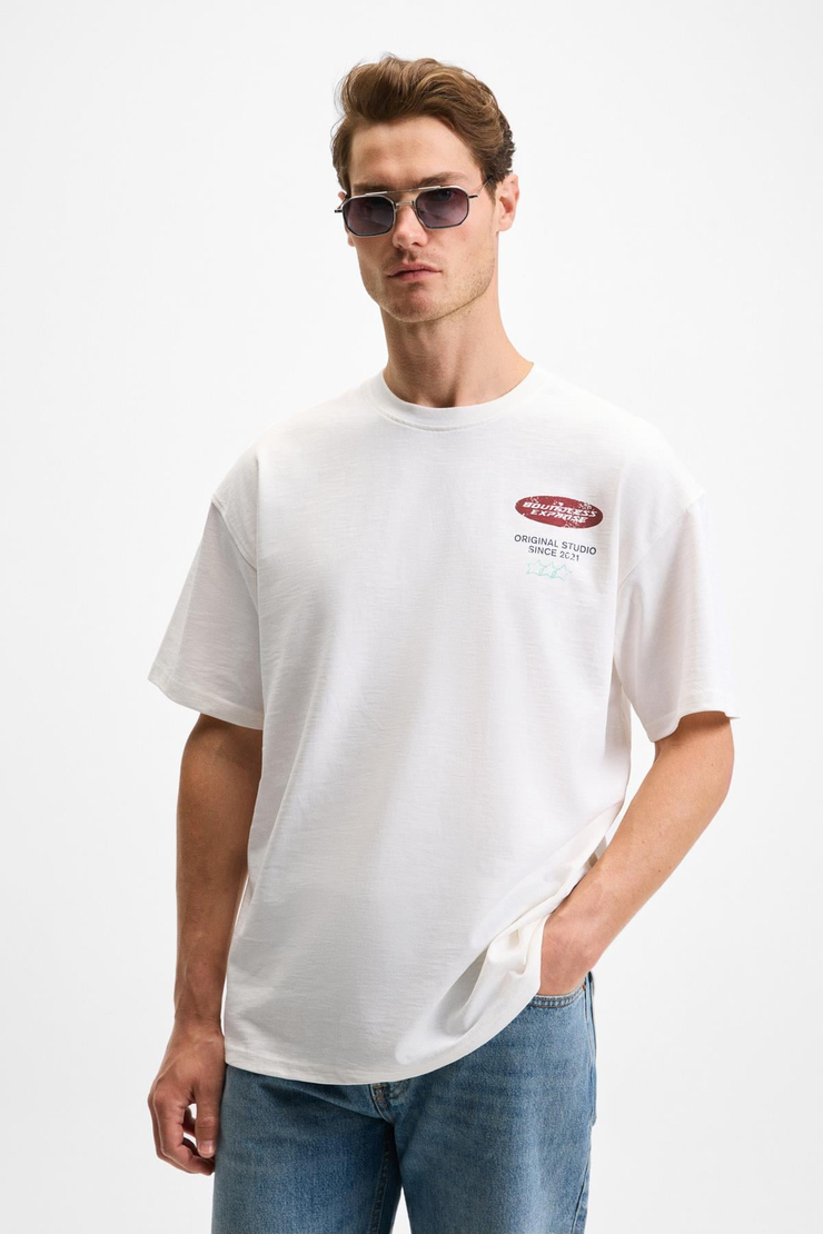 ANGOLO Erkek Ön Baskı Ve Nakış Detaylı Bisiklet Yaka Oversize Kısa Kollu Beyaz T-Shirt