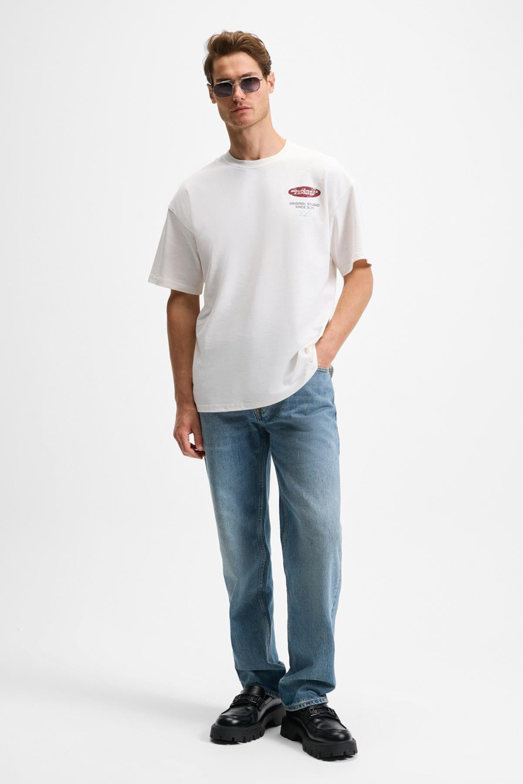 ANGOLO Erkek Ön Baskı Ve Nakış Detaylı Bisiklet Yaka Oversize Kısa Kollu Beyaz T-Shirt