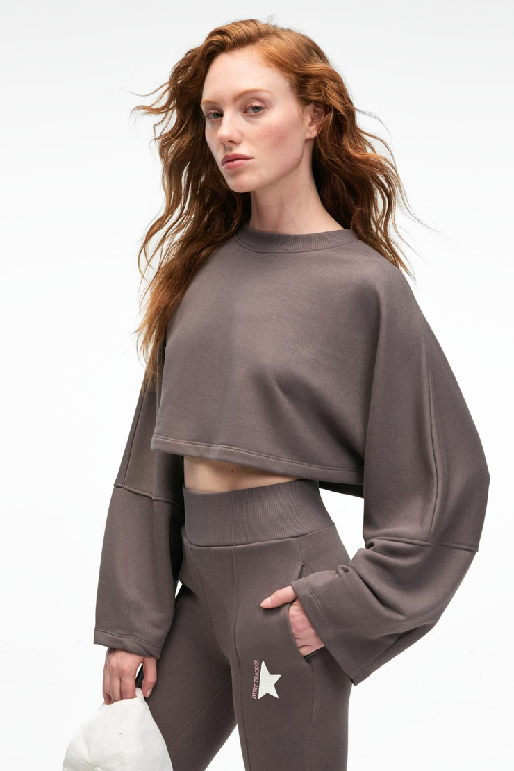 ANOUK Kadın Pamuklu Baskı Ve Patch Detaylı Bisiklet Yaka Crop Antrasit Sweatshirt