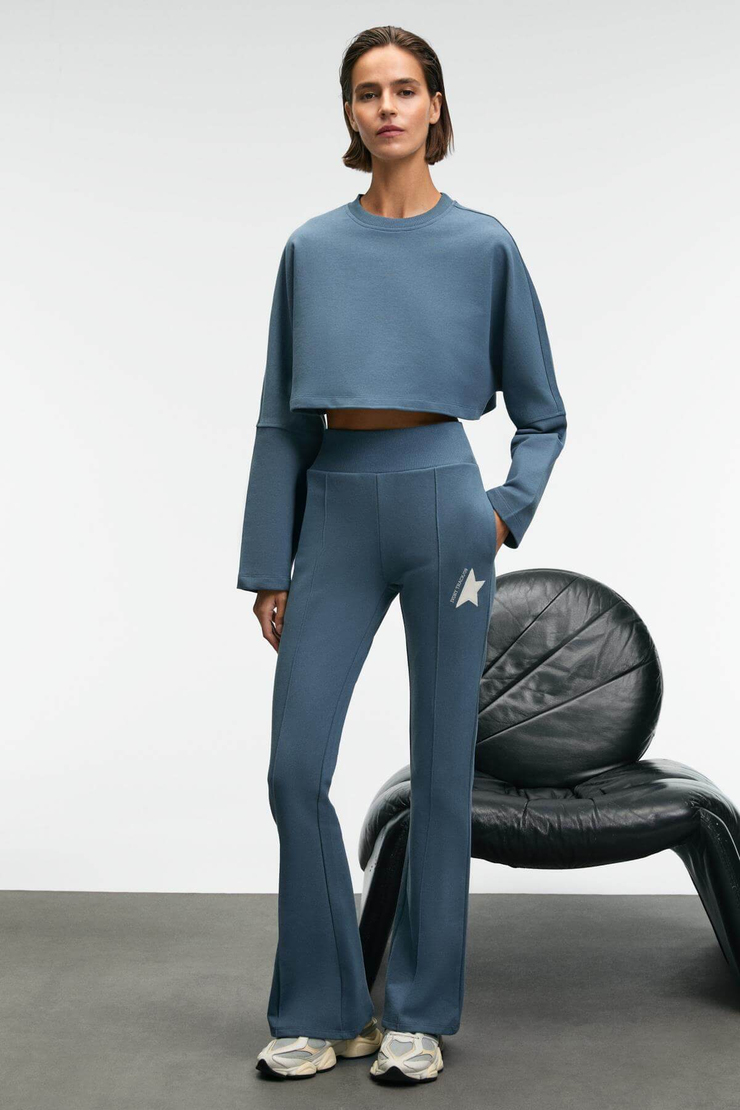 ANOUK Kadın Pamuklu Baskı Ve Patch Detaylı Bisiklet Yaka Crop Petrol Mavisi Sweatshirt