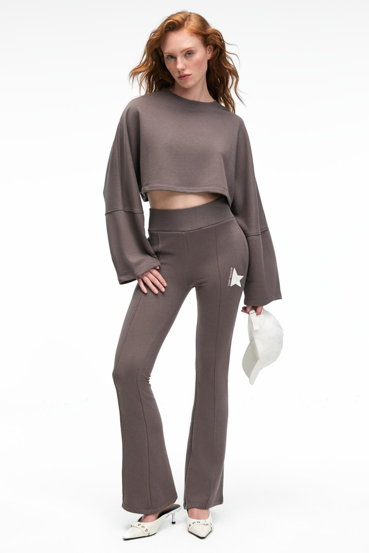 ANOUK Kadın Pamuklu Baskı Ve Patch Detaylı Bisiklet Yaka Crop Antrasit Sweatshirt