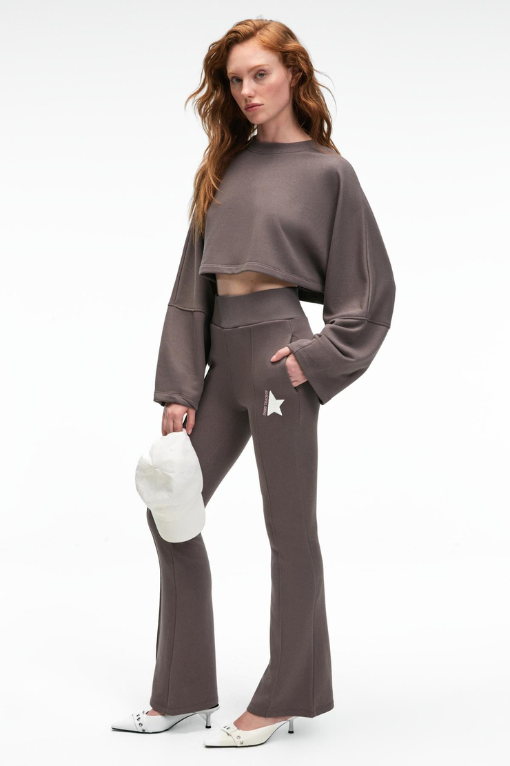 ANOUK Kadın Pamuklu Baskı Ve Patch Detaylı Bisiklet Yaka Crop Antrasit Sweatshirt