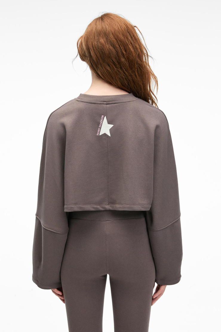 ANOUK Kadın Pamuklu Baskı Ve Patch Detaylı Bisiklet Yaka Crop Antrasit Sweatshirt