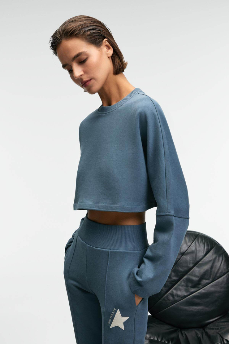 ANOUK Kadın Pamuklu Baskı Ve Patch Detaylı Bisiklet Yaka Crop Petrol Mavisi Sweatshirt