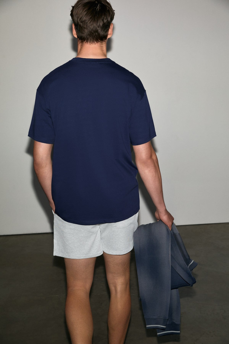ANTONIO Erkek Baskı Detaylı %100 Organik Pamuk 3 İplik Örme Oversize Lacivert T-Shirt