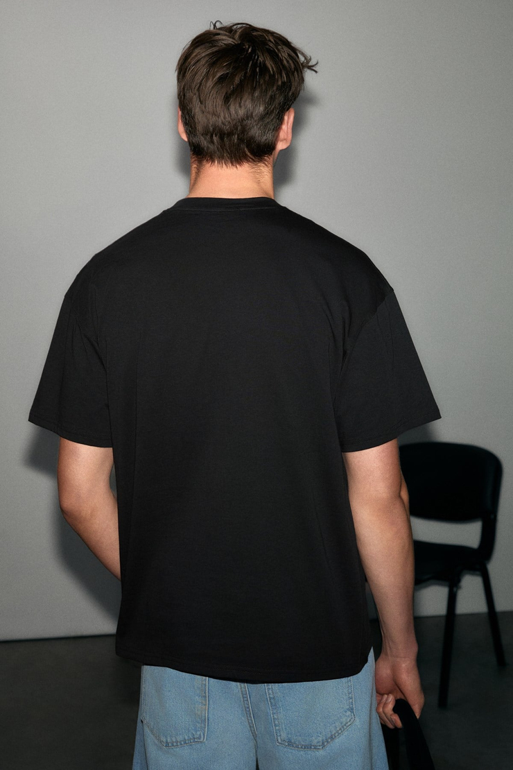 ANTONIO Erkek Baskı Detaylı %100 Organik Pamuk 3 İplik Örme Oversize Siyah T-Shirt