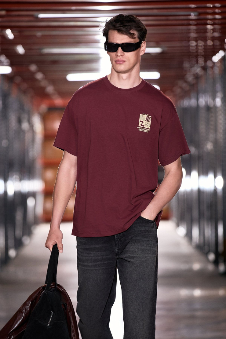 ANTONIO Erkek Baskı Detaylı %100 Organik Pamuk 3 İplik Örme Oversize Bordo T-Shirt