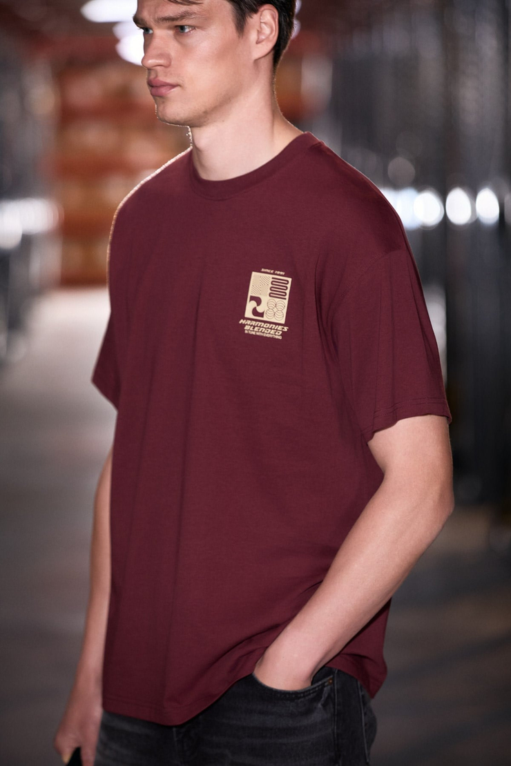 ANTONIO Erkek Baskı Detaylı %100 Organik Pamuk 3 İplik Örme Oversize Bordo T-Shirt