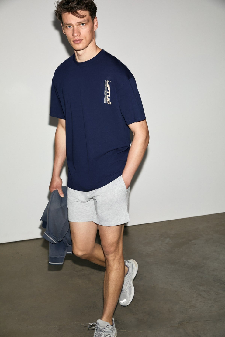ANTONIO Erkek Baskı Detaylı %100 Organik Pamuk 3 İplik Örme Oversize Lacivert T-Shirt