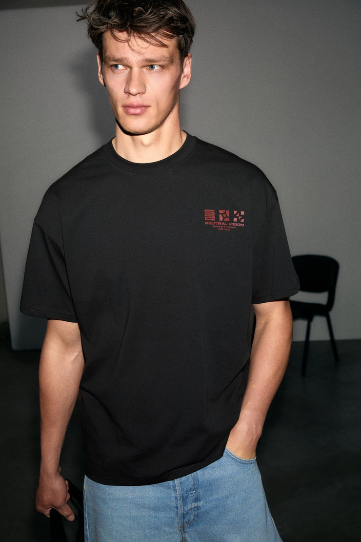 ANTONIO Erkek Baskı Detaylı %100 Organik Pamuk 3 İplik Örme Oversize Siyah T-Shirt