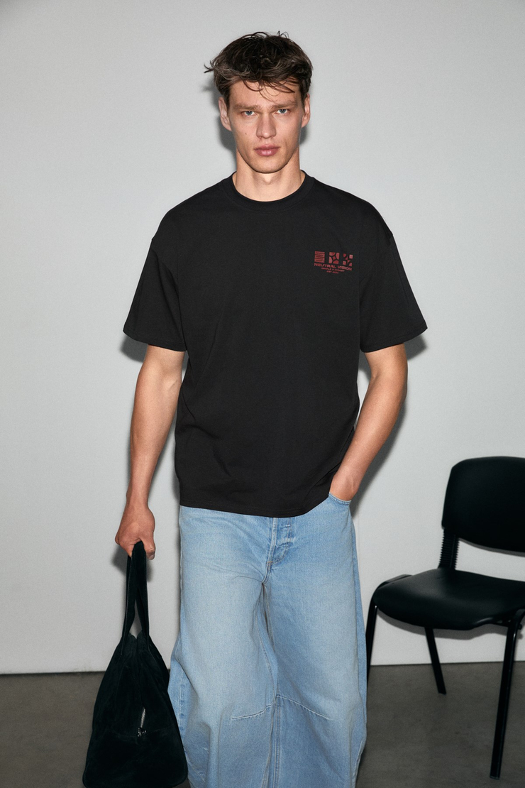 ANTONIO Erkek Baskı Detaylı %100 Organik Pamuk 3 İplik Örme Oversize Siyah T-Shirt