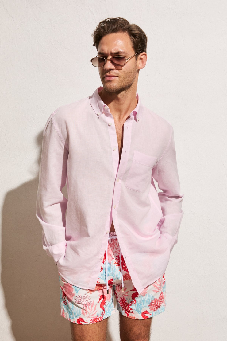 ARLES Erkek Keten Karışımlı Uzun Kollu Tek Cepli Regular Fit Pembe Gömlek