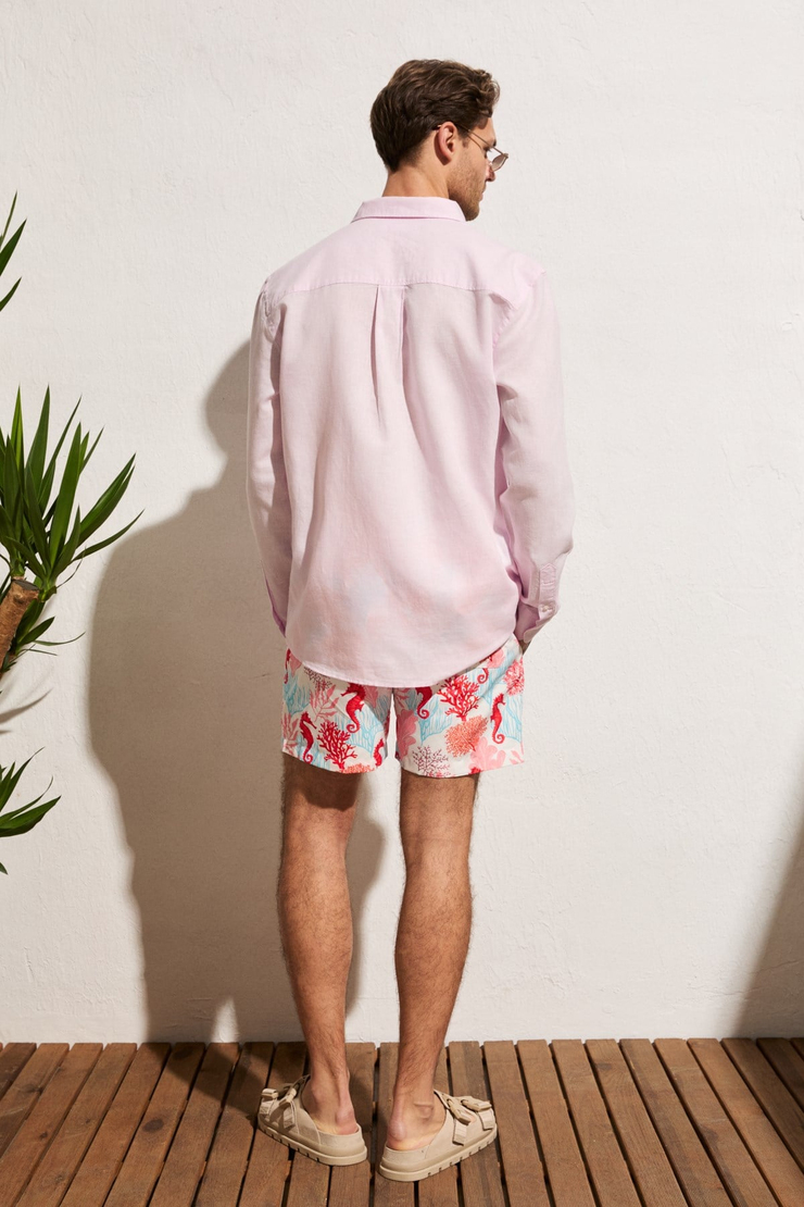 ARLES Erkek Keten Karışımlı Uzun Kollu Tek Cepli Regular Fit Pembe Gömlek