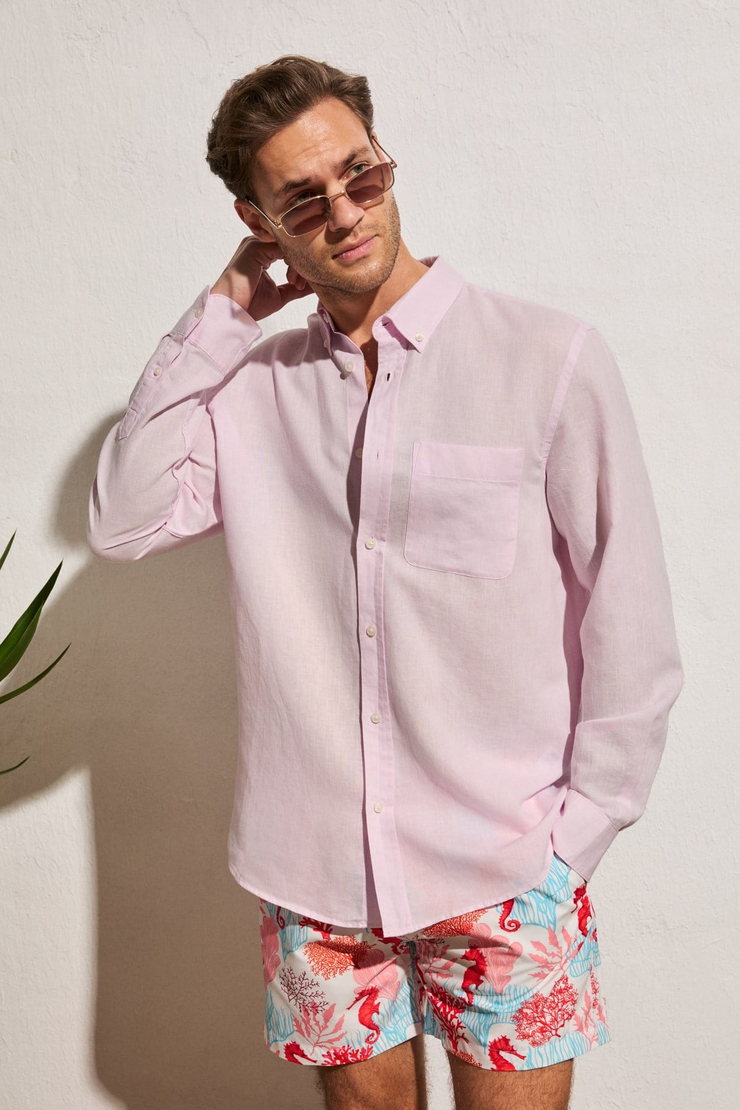 ARLES Erkek Keten Karışımlı Uzun Kollu Tek Cepli Regular Fit Pembe Gömlek