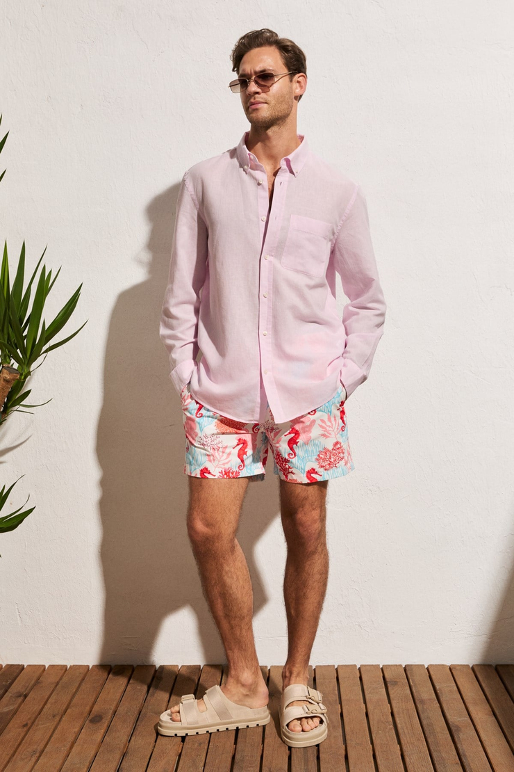 ARLES Erkek Keten Karışımlı Uzun Kollu Tek Cepli Regular Fit Pembe Gömlek