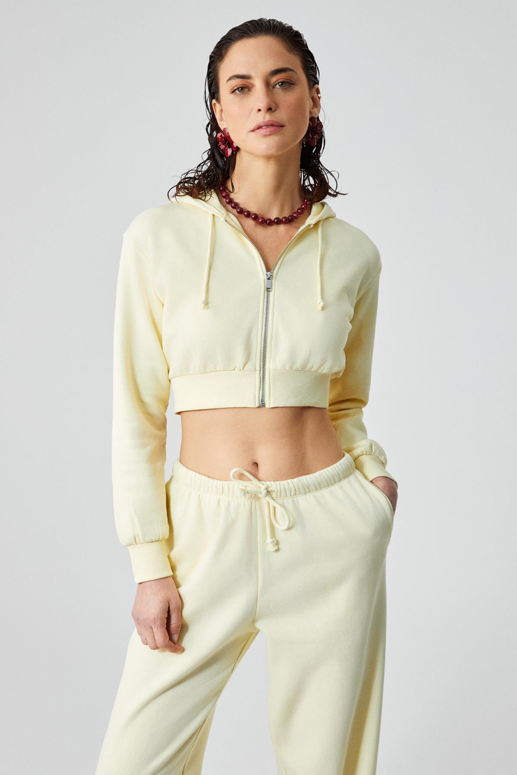 ARUBA Kadın %100 Pamuk Uzun Kol Crop Sarı Sweatshirt