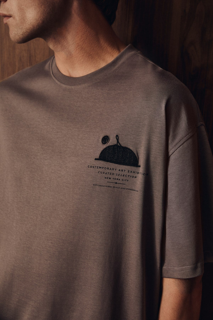ASELA Erkek Ön Ve Arkası Nakış Detaylı Kısa Kollu Gri T-Shirt