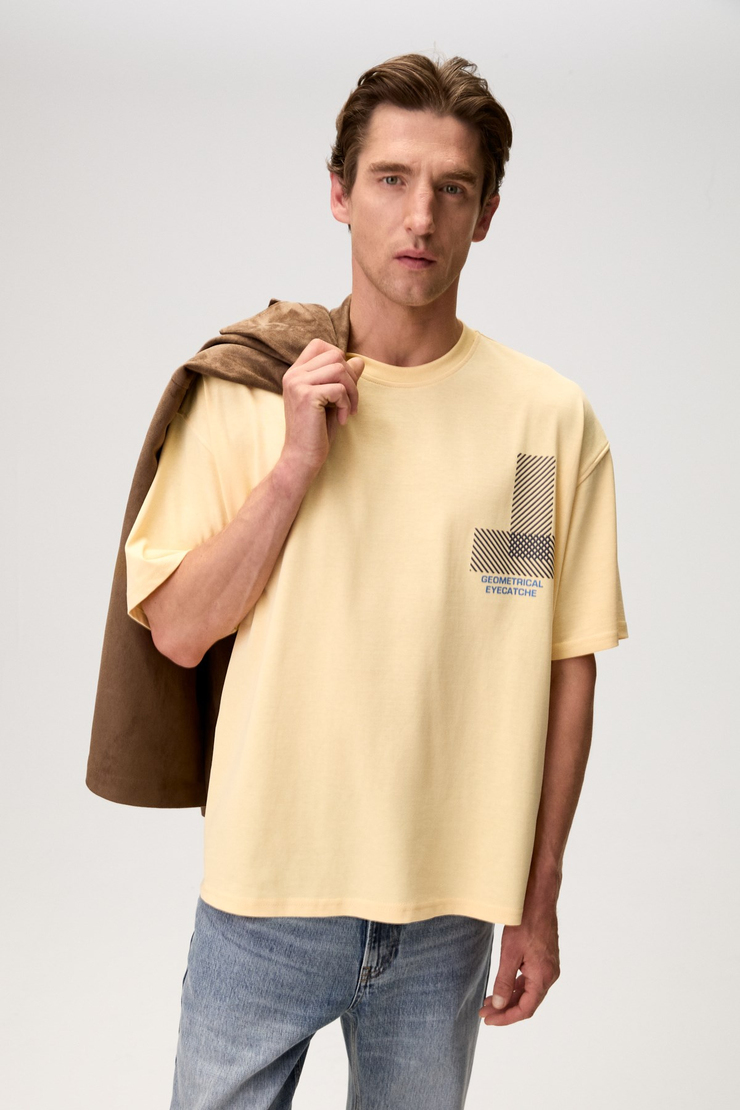 ASELA Erkek Ön Ve Arkası Nakış Detaylı Kısa Kollu Sarı T-Shirt