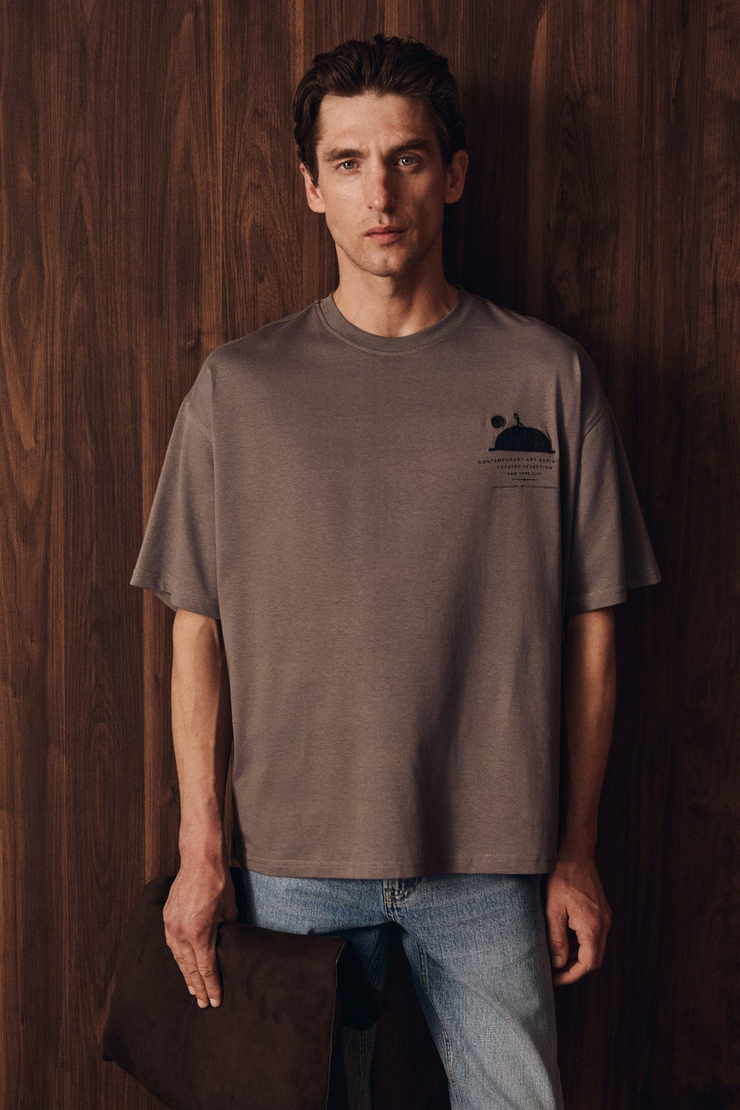 ASELA Erkek Ön Ve Arkası Nakış Detaylı Kısa Kollu Gri T-Shirt