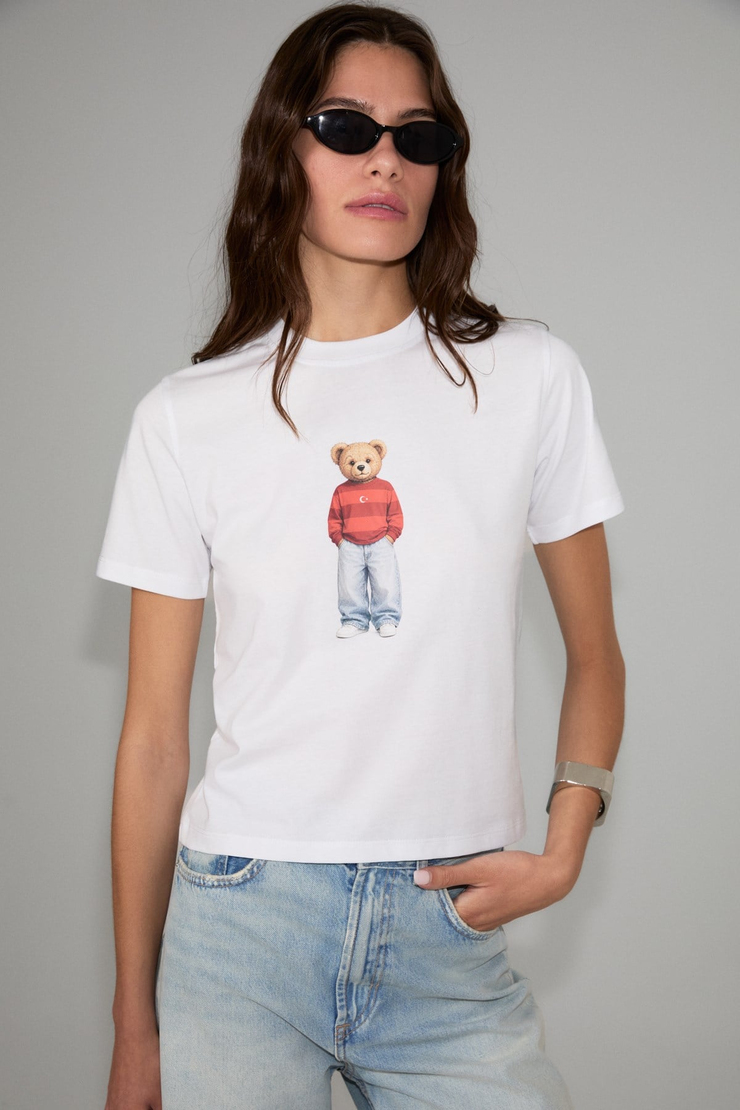 ASENA Kadın Yumuşak Ve %100 Organik Pamuklu Dünya Kupasına Özel Baskılı Beyaz T-Shirt