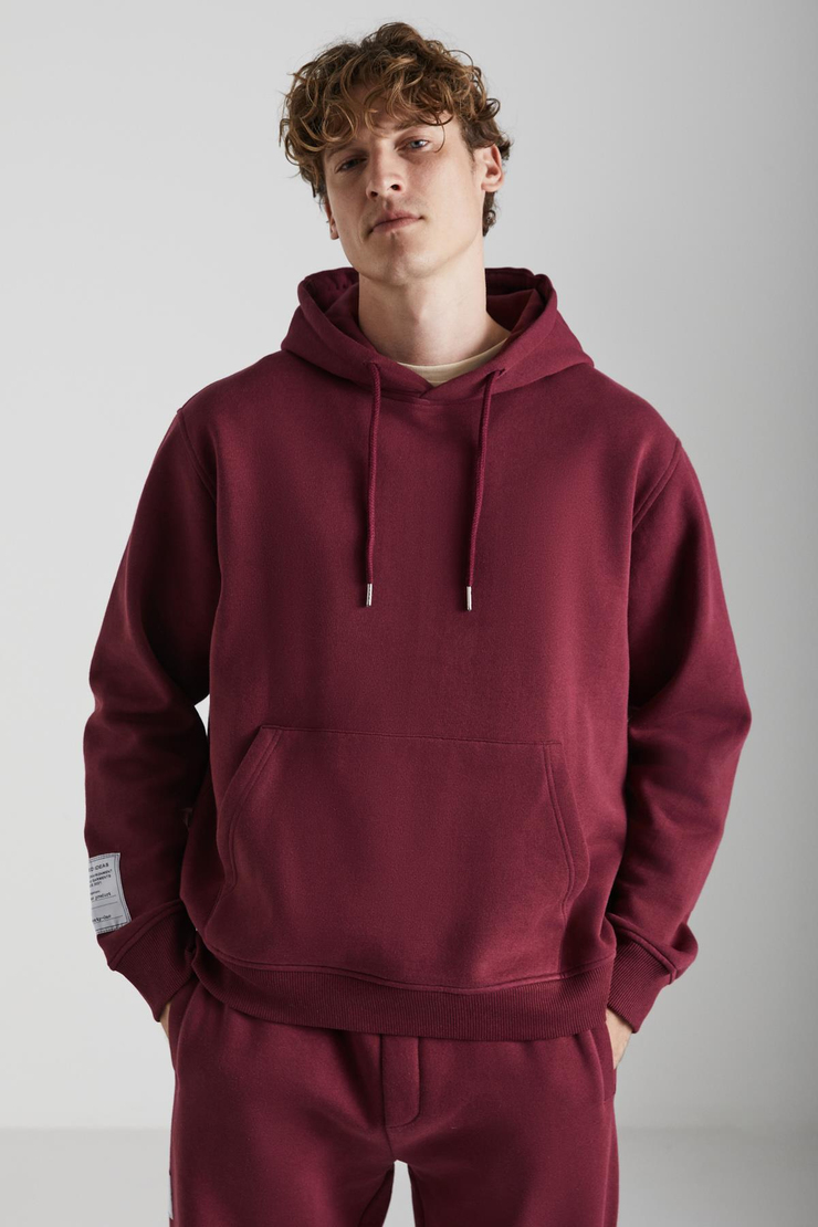 ASHBOURNE Erkek Oversize Fit Kanguru Cepli Lastikli Paça Kol Etiket Detaylı Bordo Eşofman Takımı
