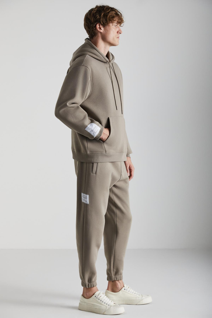 ASHBOURNE Erkek Oversize Fit Kanguru Cepli Lastikli Paça Kol Etiket Detaylı Vizon Eşofman Takımı