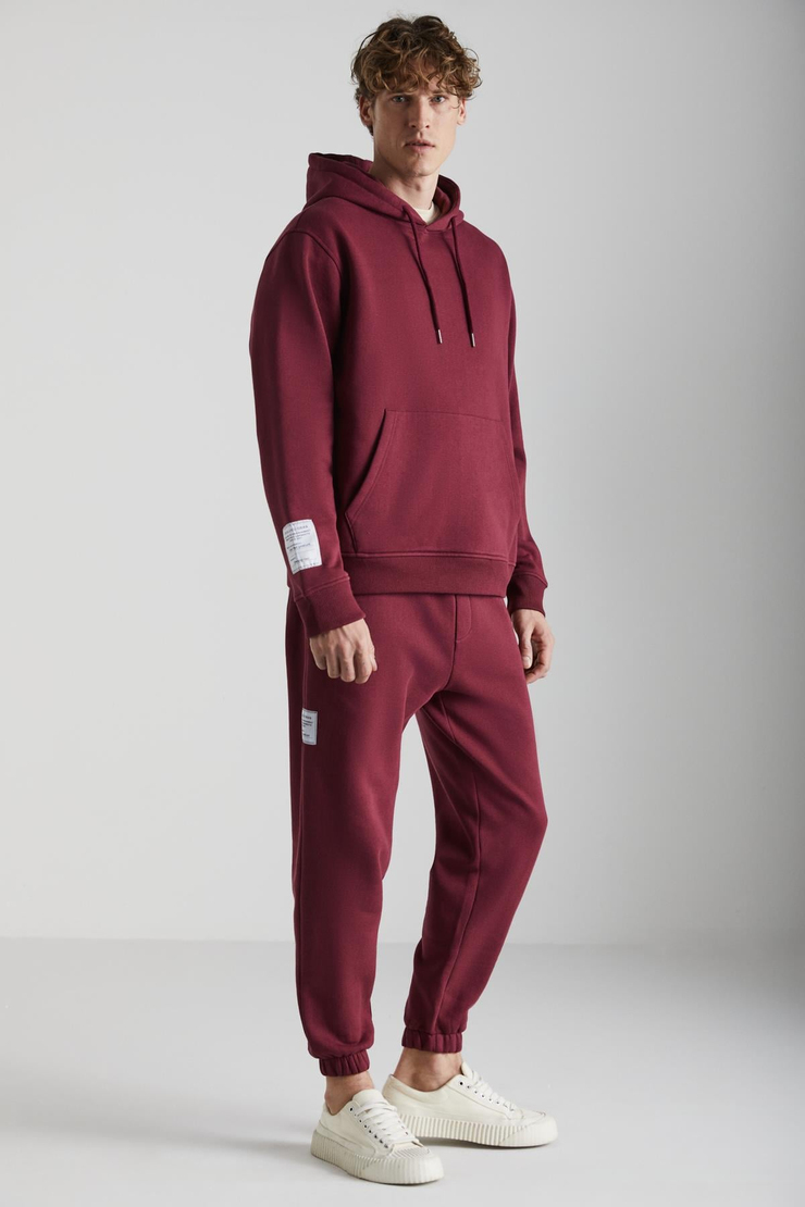 ASHBOURNE Erkek Oversize Fit Kanguru Cepli Lastikli Paça Kol Etiket Detaylı Bordo Eşofman Takımı