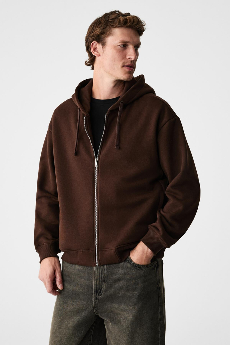 ASHBY Erkek Kapüşonlu Fermuarlı Cepli Kordonlu Boxy Kalıp Acı Kahve Sweatshirt