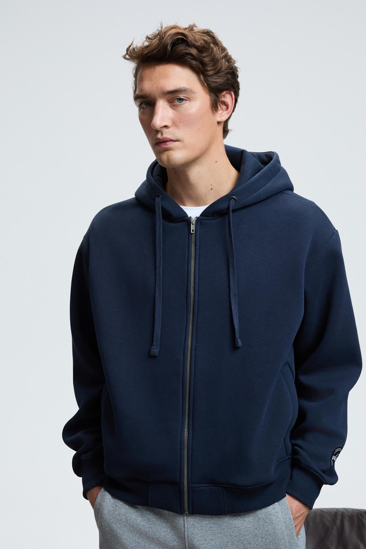 ASHBY Erkek Kapüşonlu Fermuarlı Cepli Kordonlu Regular Fit Lacivert Sweatshirt