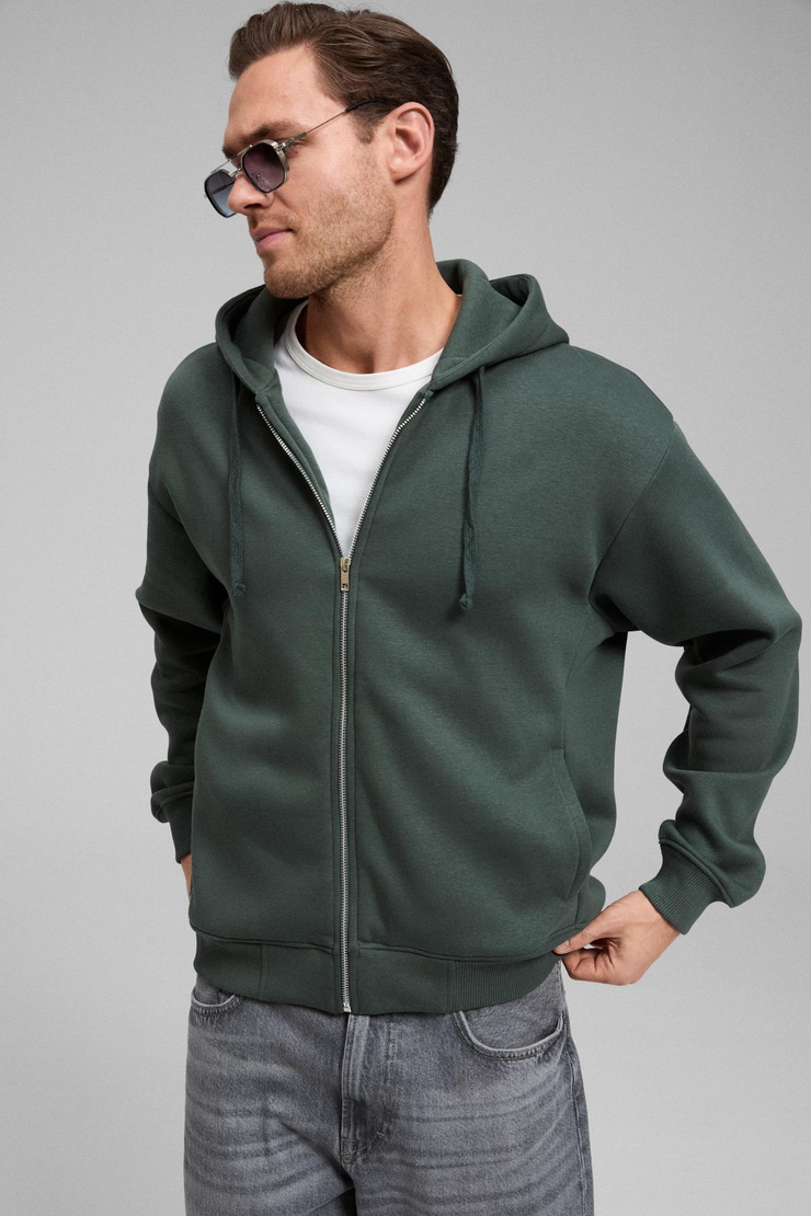 ASHBY Erkek Kapüşonlu Fermuarlı Cepli Kordonlu Boxy Kalıp Yeşil Sweatshirt