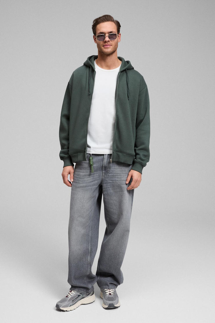 ASHBY Erkek Kapüşonlu Fermuarlı Cepli Kordonlu Boxy Kalıp Yeşil Sweatshirt