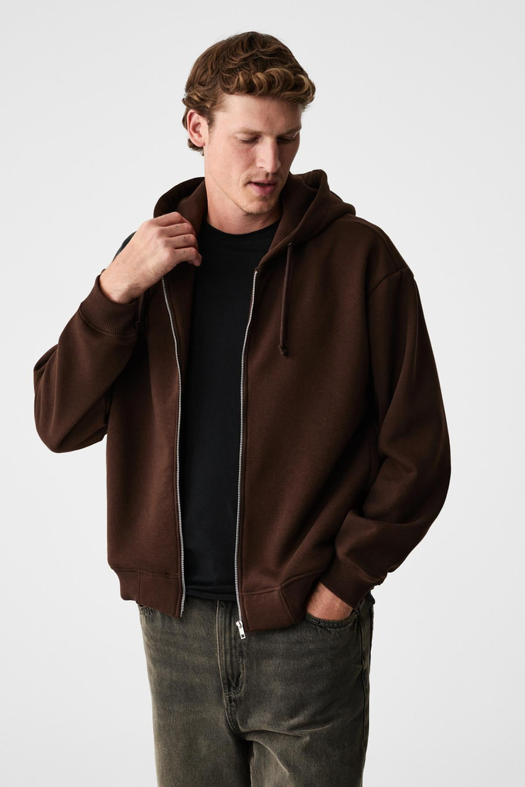 ASHBY Erkek Kapüşonlu Fermuarlı Cepli Kordonlu Boxy Kalıp Acı Kahve Sweatshirt