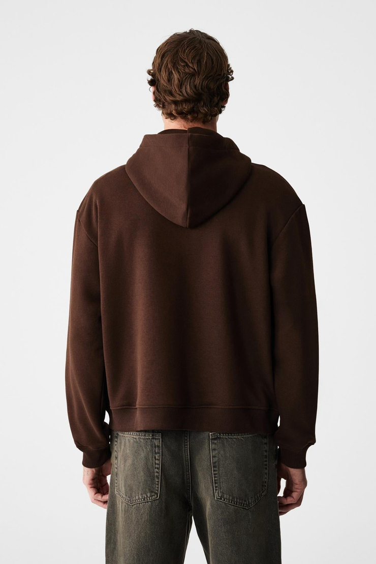 ASHBY Erkek Kapüşonlu Fermuarlı Cepli Kordonlu Boxy Kalıp Acı Kahve Sweatshirt